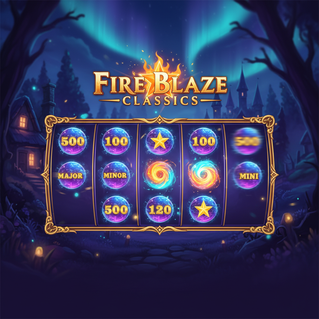 Blue Wizard Fire Blaze Respin Feature showing crystal ball symbols locked on reels with cash prize values and the Fire Blaze Classics logo
