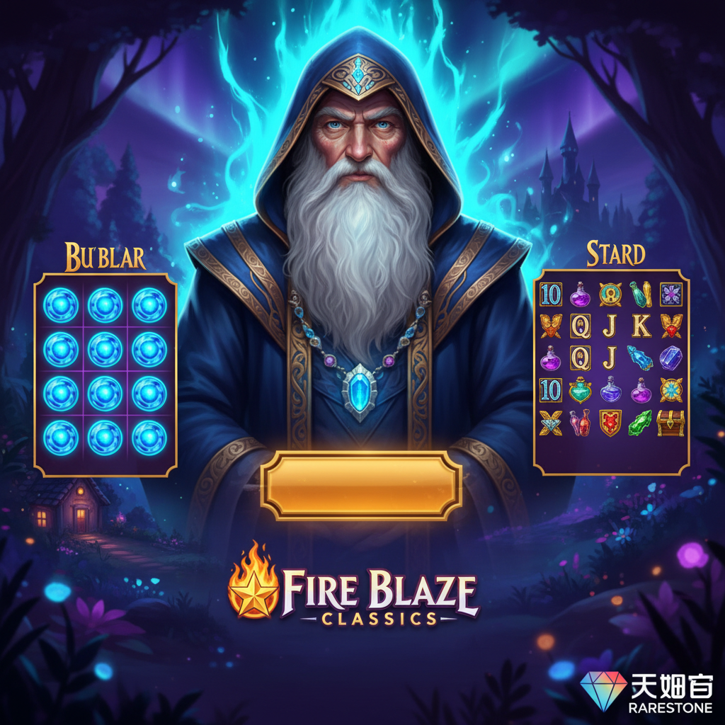 Blue Wizard game start screen showing the wizard portrait with blue glowing aura, Fire Blaze Classics logo, and START button with golden border