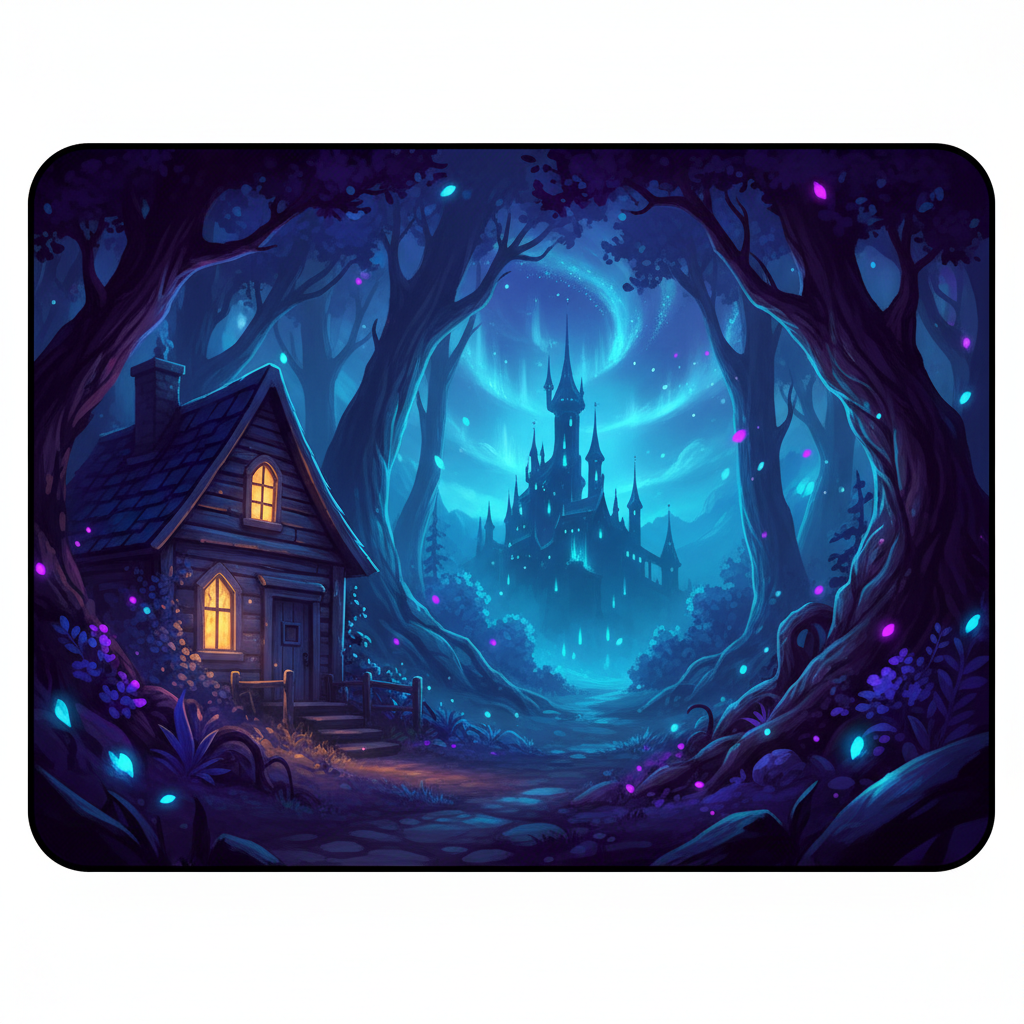 Blue Wizard enchanted nighttime forest background with small glowing cottage on the left, mystical castle towers in the distance against a deep purple sky