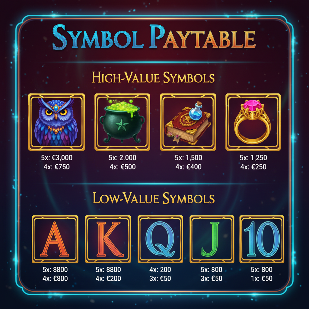 Blue Wizard slot symbols paytable showing Owl, Cauldron, Spell Book, Ring and card symbols with their payout values in golden ornate frames