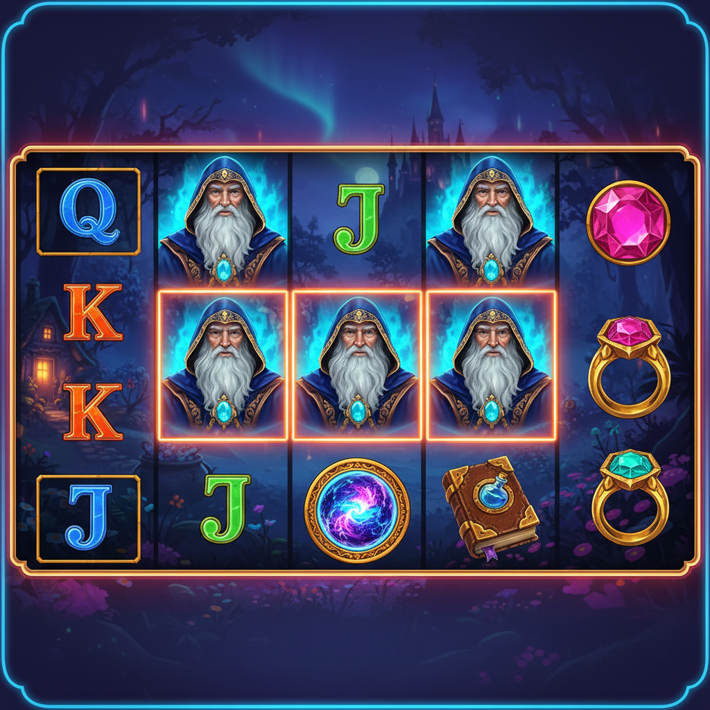 Blue Wizard Wild symbol appearing on reels 2 through 5 with orange glowing frame indicating an active winning combination